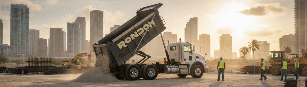 dump truck delivering materials at a Miami construction site.
