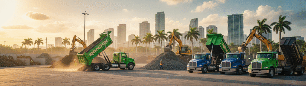 eco friendly dump trucks or a recycling yard in Miami.