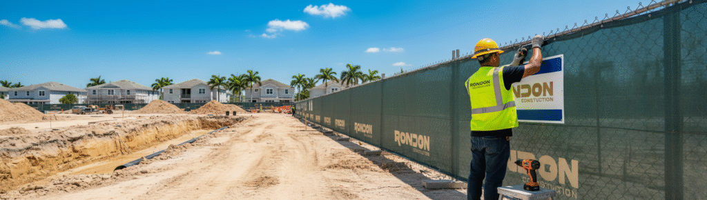mounting a sign on a construction site fence.