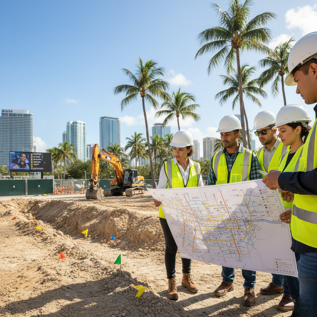 A construction team reviewing utility maps on site in Miami.
