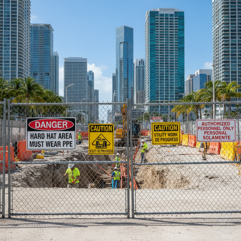 A downtown Miami construction project with visible safety signage.