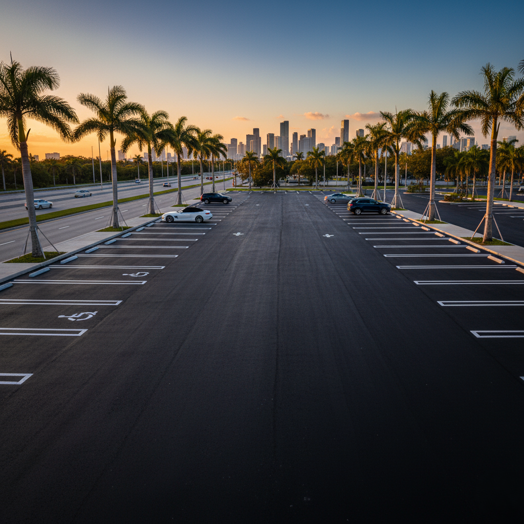 Freshly paved Miami parking lot with clear striping