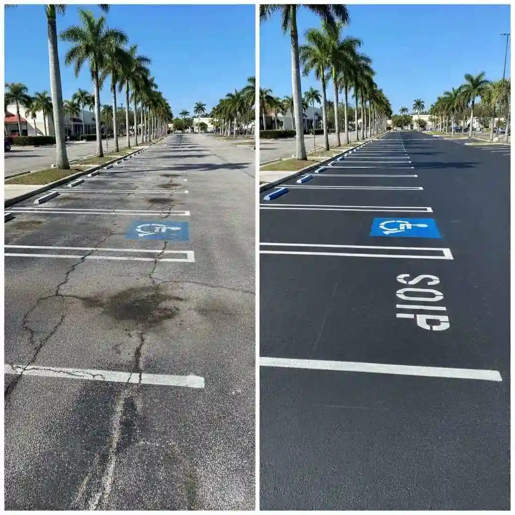 How Fresh Striping Boosts Safety & Looks in Miami 2 Before and after comparison of parking lot striping in Miami