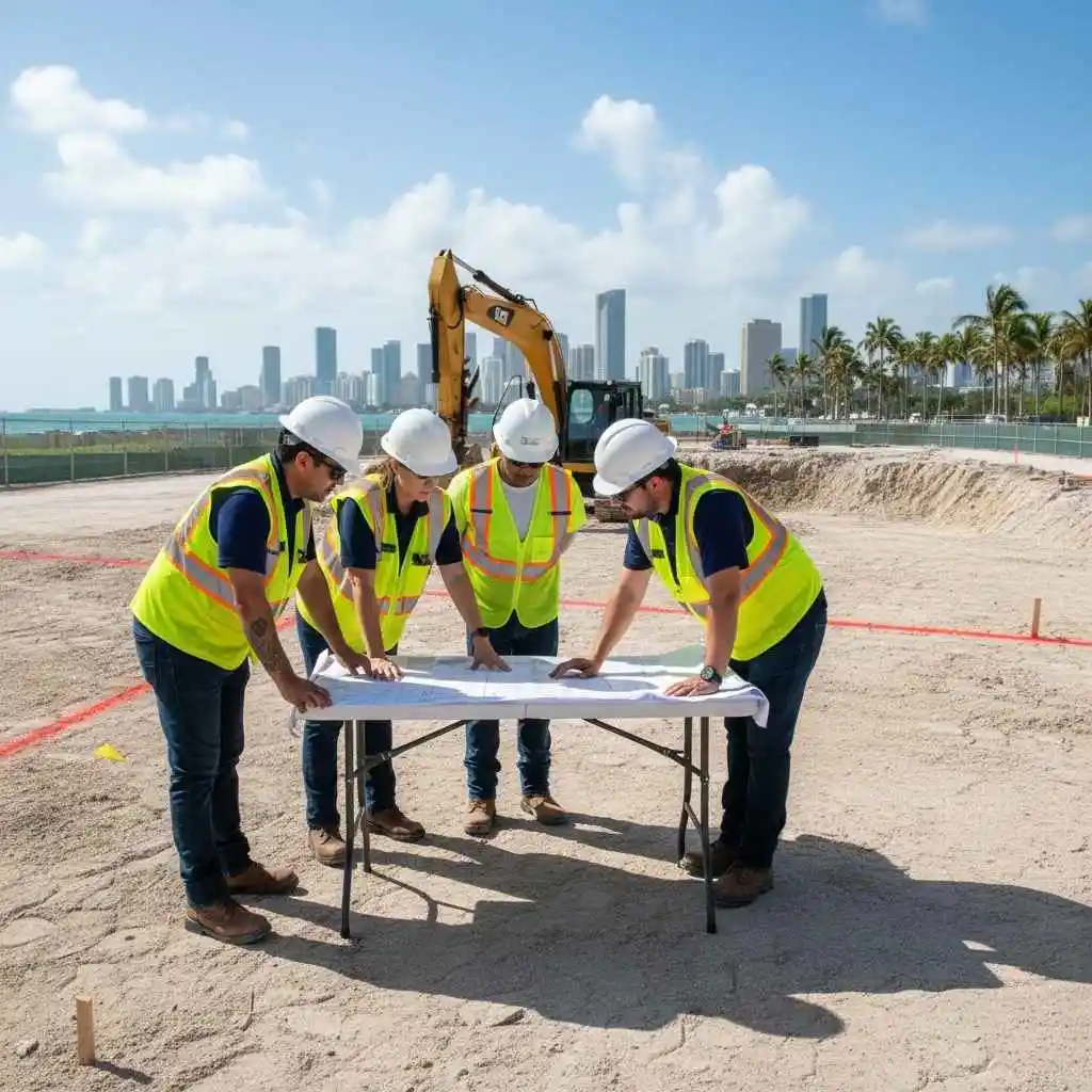 Crew reviewing mapped utility plans before starting excavation