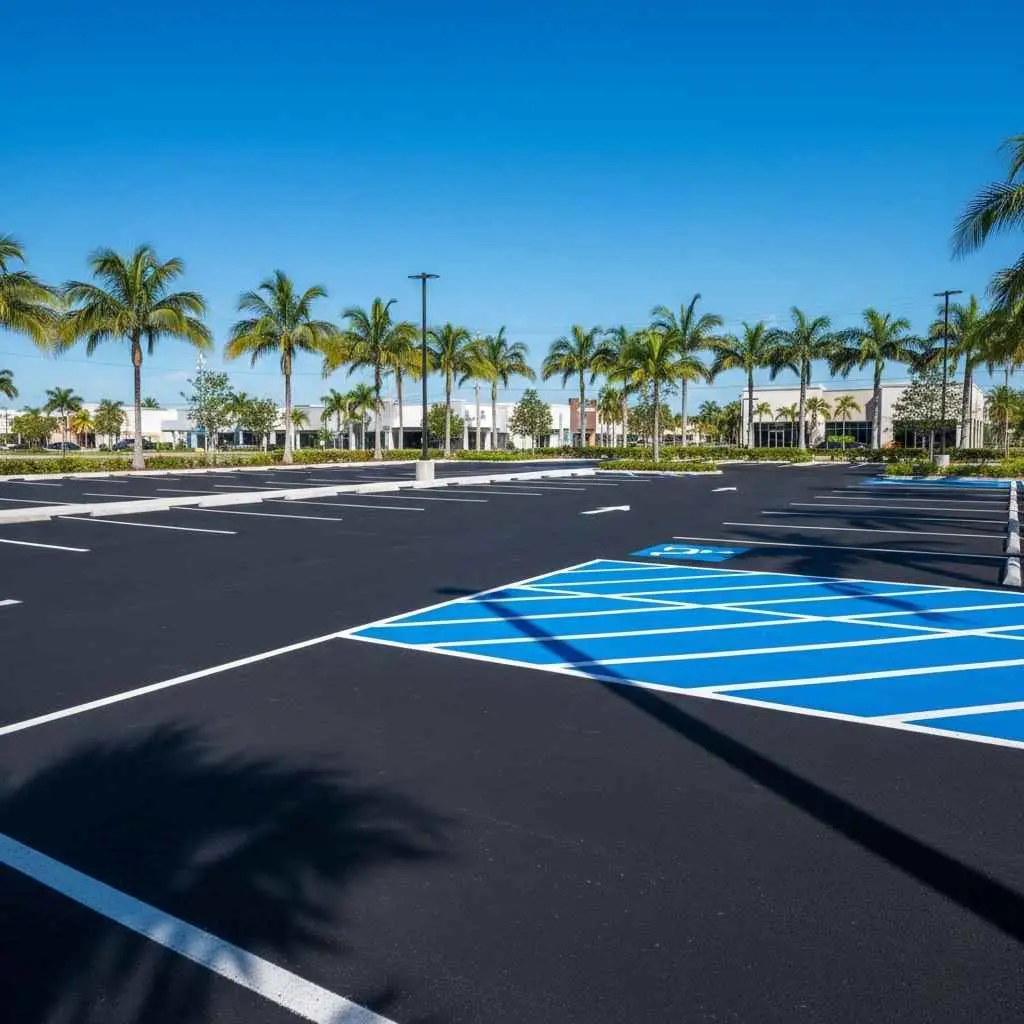 How Fresh Striping Boosts Safety & Looks in Miami 1 Freshly striped Miami parking lot with clear traffic lanes