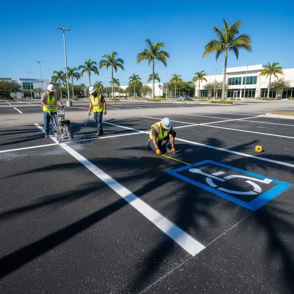 How Fresh Striping Boosts Safety & Looks in Miami 3 Professional striping crew applying fresh paint lines