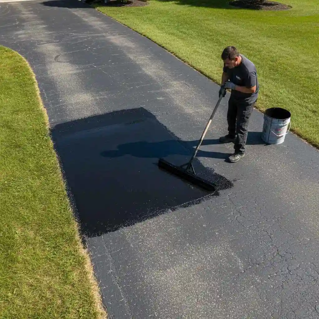 Technician applying sealcoat to an asphalt driveway