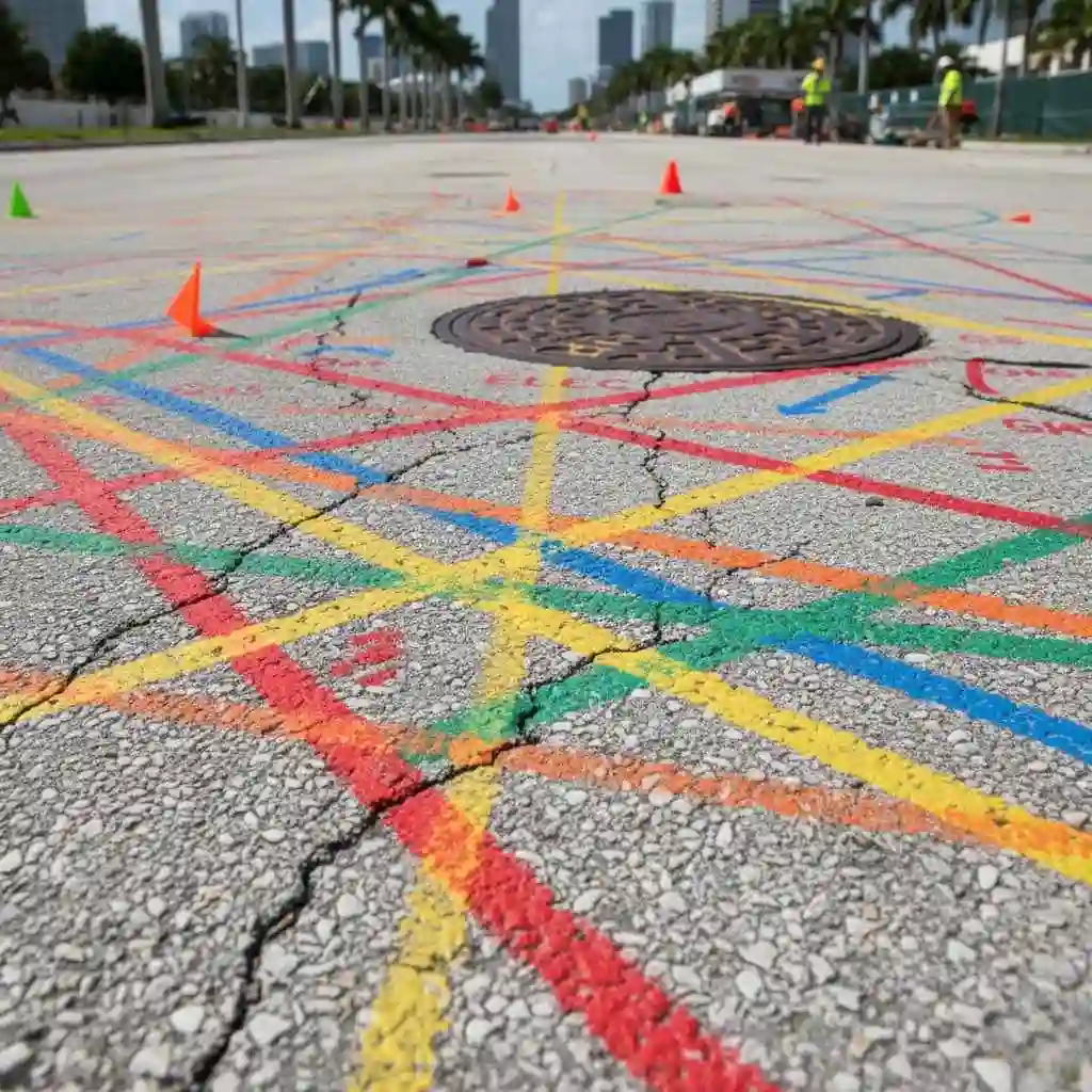 Utility markings on pavement showing multiple color-coded lines
