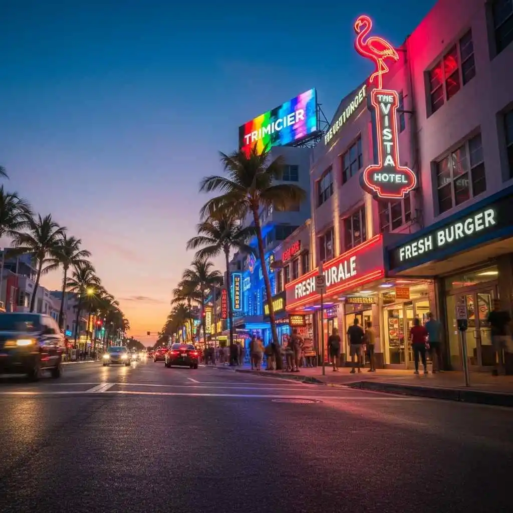 Bright storefront signage on a busy Miami street