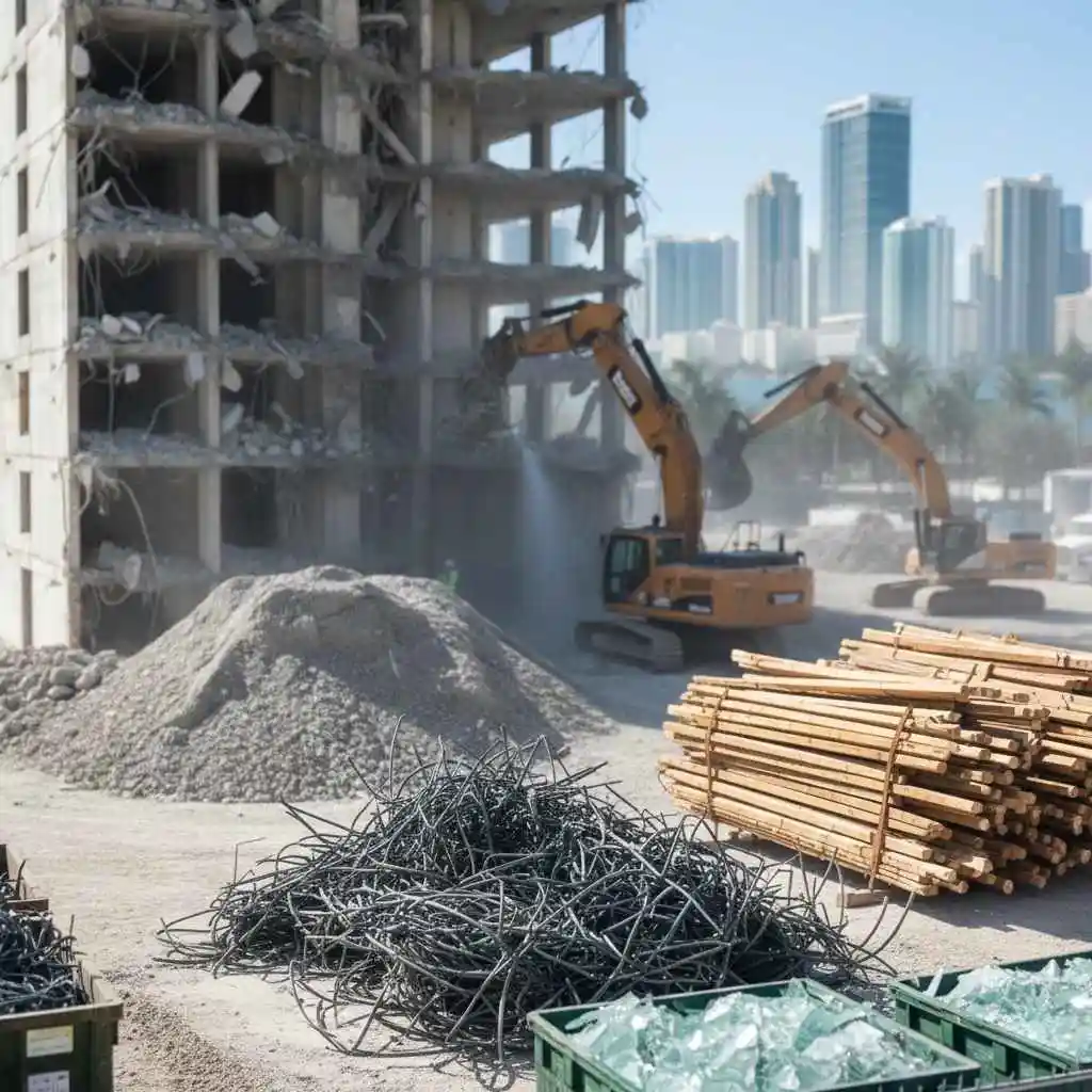Piles of separated concrete, metal, and wood